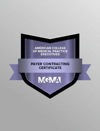 A graphic displaying a digital badge for the American College of Medical Practice Executives' Payer Contracting Certificate.